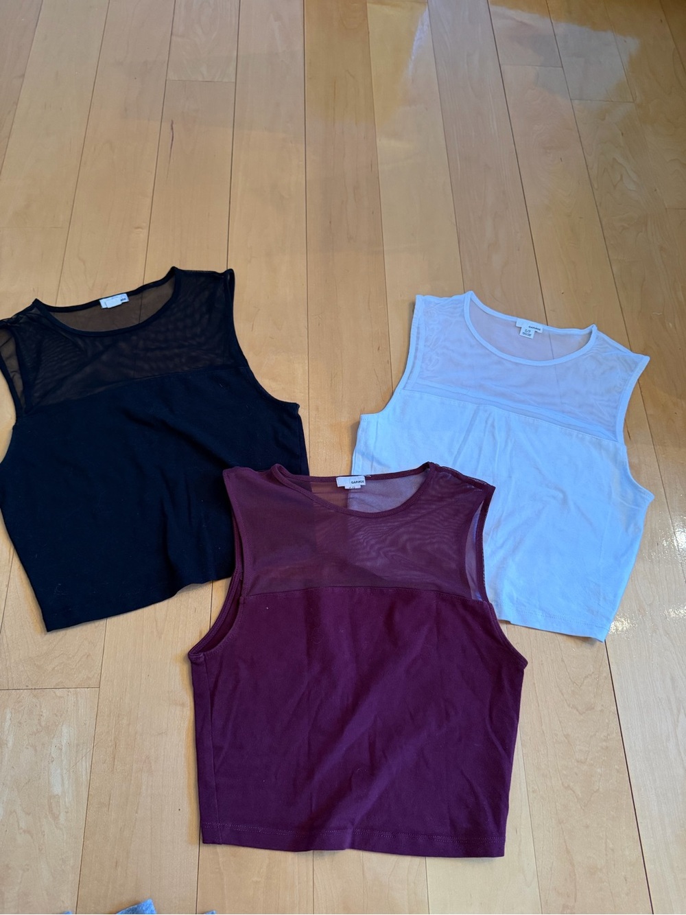 Women’s Mesh garage Crop Tank Top set of 3- Black, White, Burgundy